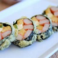 Tempura Roll · Shrimp tempura, avocado, cucumber, burdock / flying fish eggs.