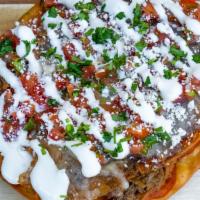 Mexican Pizza · (Vegetarian option no beef) flour tortilla, Mexican red sauce, refried beans, seasoned beef,...