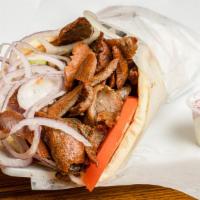 Gyro Wrap · Gyro, Lettuce, Onions and Tomatoes with Tzatziki Sauce wrapped inside Pita Bread.