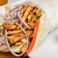 Chicken Gyro Wrap · Chicken, Lettuce, Onions and Tomatoes
with Tzatziki Sauce wrapped inside Pita Bread.
