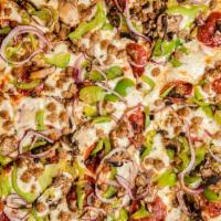 Combination · Pepperoni, salami, red onions, tomatoes, bell peppers, olives.