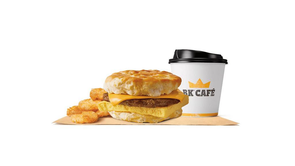 Sausage, Egg & Cheese Biscuit Meal · Rise and shine with our Sausage, Egg & Cheese Biscuit. Savory seasoned sausage, eggs, and American cheese are layered between one of our buttermilk biscuits. Meal comes in medium and large sizes. Served with Hash Browns, your choice of Drink.