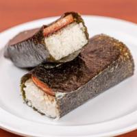 Spam Musubi ( 2 pieces) · Grilled spam on top of block rice, special sauce, wrapped together with Nori.