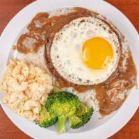 Loco Moco · 2 burger patties with 2 eggs topped with gravy over rice, mac salad and veggies