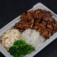Hawaiian BBQ Beef · Marinated BBQ Beef with two scoop of rice, one scoop of macaroni salad, and mixed veggies