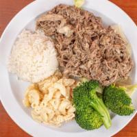 Kalua Pork · Hawaiian style slow roasted pulled pork served with 2 scoop of rice, mac salad and veggie