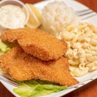 Island White Fish · Deep Fried Fish with Tartar sauce on the side. Includes two scoop of rice, one scoop of maca...