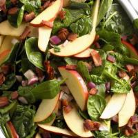 Spinach Apple Salad · Spinach with green apples, walnuts, feta, dried cranberries, and apple cider vinaigrette.
