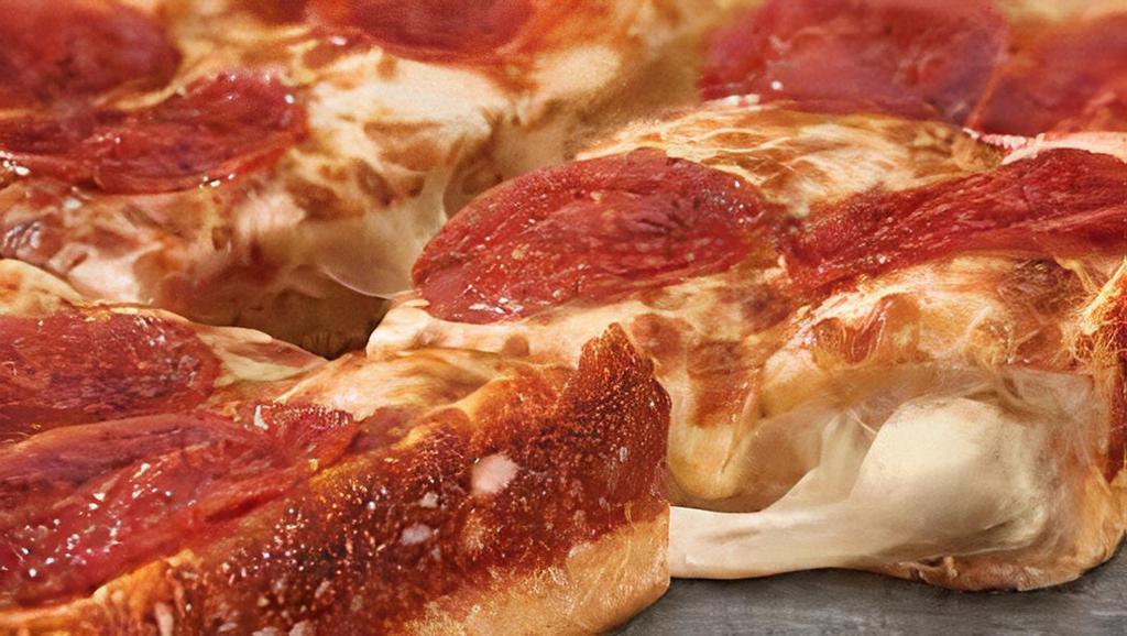 Stuffed Crust Detroit-Style Deep Dish Pepperoni · Large Detroit-style deep dish pizza with Pepperoni and Cheese Stuffed in the Crust