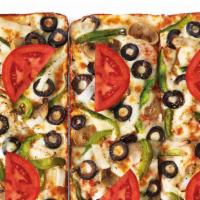 Detroit-Style Deep Dish Veggie · Detroit-Style Deep Dish pizza with Green Peppers, Onions, Mushrooms, Black Olives and Italia...