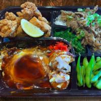 Deluxe Pork Okonomiyaki Bento · Pork okonomiyaki with house special sauce and mayo, chicken karaage, stewed beef over rice, ...