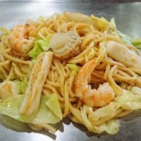 Seafood Shiosoba · Stir fried noodles with squid, shrimp, scallops and cabbage cooked in original salt-based sa...