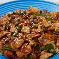 Teriyaki Stir Fry · Chicken portabella mushrooms, sautéed green peppers and onions, carrots, sesame seeds, and t...