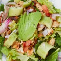 Asian Sesame Ginger · Chicken, tomatoes, cucumbers, red onions, sesame seeds, craisins, avocado, and Asian sesame ...