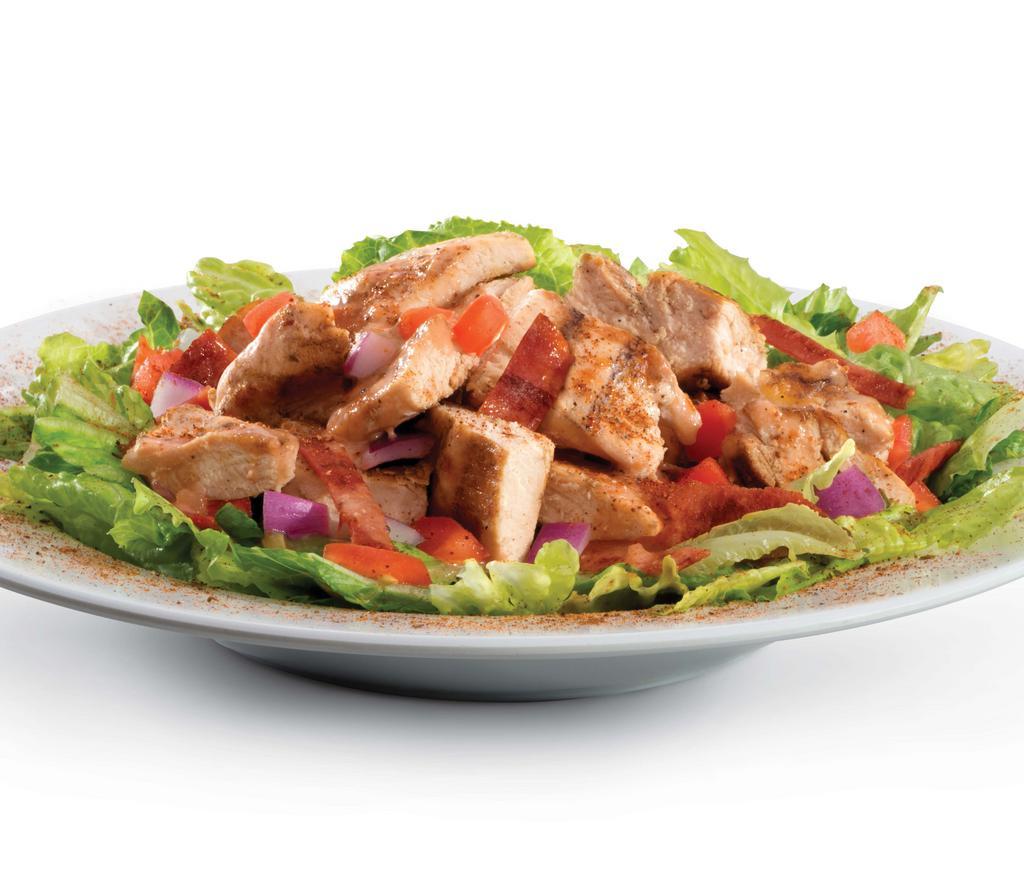Mardi Gras Cajun Grilled Chicken Salad · Cajun seasoned grilled chicken breast on a bed of romaine with Turkey bacon, tomatoes, onions and low carb salsetta dressing.