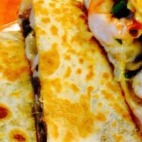 Prawn & Veggie Quesadilla · Grilled prawns with pasilla peppers, onions and mushrooms with melted Monterey jack cheese. ...