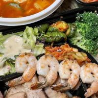 Pork Belly Bento box · Pork Belly with Assorted Side dishes, salad, shrimp skewer, glass noodles and rice on the side
