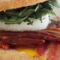 Poached Egg Sand · 1 organic poached egg, 2 sliced Hobb's bacon, house made tomato jam, herb mayo and organic a...
