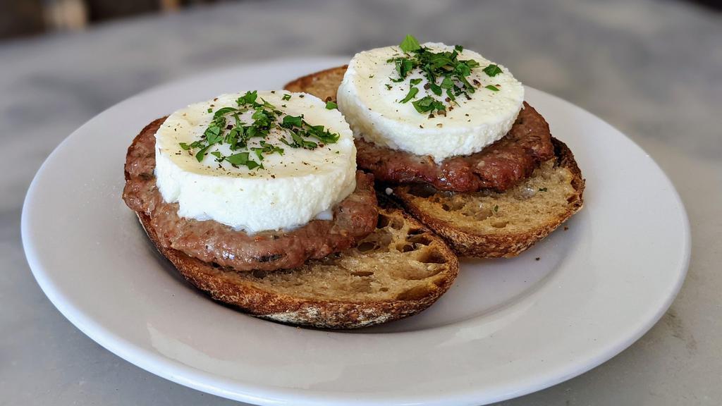 2 Poached Eggs & Sausage · 2 organic poached eggs on buttered acme levain toast with 2 house made pork sausage patties