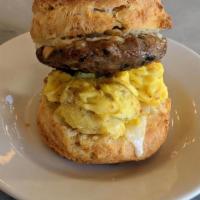 Sausage, Egg, & Cheese Biscuit · 1 House made pork breakfast sausage party, 1 scrambled organic egg, and cheddar cheese on a ...