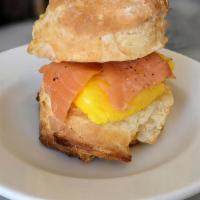Salmon, Egg & Cheese Biscuit · House made biscuit with smoked Salmon, 1 scrambles egg and melted cheddar cheese.