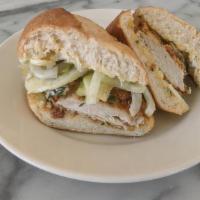 Fried Chicken Sandwich · chicken with fennel-apple slaw and herb aioli on torpedo roll