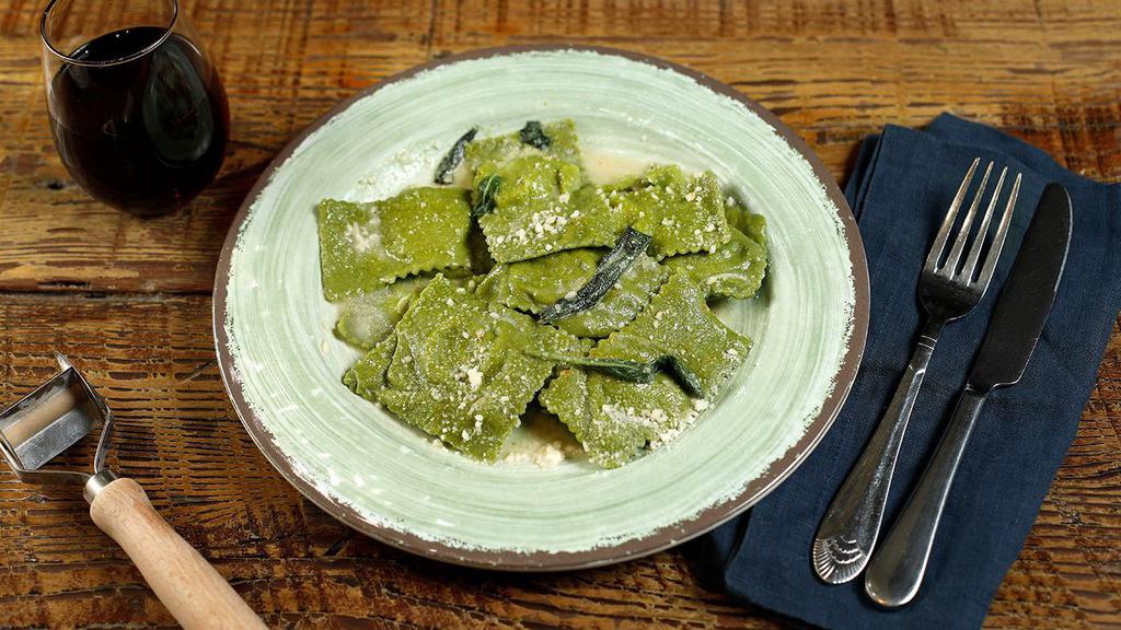 Veggie Ravioli · Fresh spinach pasta filled with spinach and ricotta cheese. Served with your choice of sauce.