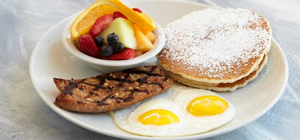 Bayside · Choice of bacon, chicken apple sausage, hot link sausage or ham with two eggs or potatoes and choice of pancakes, French toast or crepes.