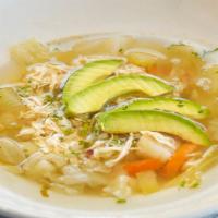 Chicken Vegetable Soup · Chock full of chicken, cabbage, celery, carrots, potatoes, onions and cilantro. Topped with ...
