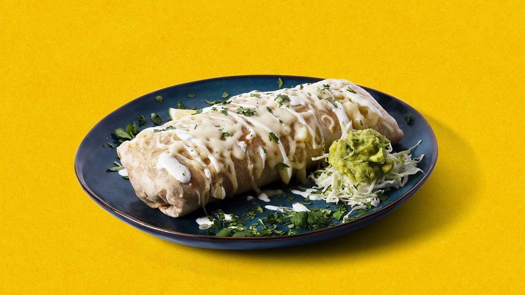 Guac N' Roll Burrito Burracho · Burrito with your choice of meat, rice, beans, lettuce, and pico de gallo, topped with guacamole, sour cream, and melted cheese