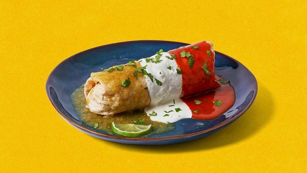 Flag Burrito Burracho · Burrito with your choice of meat, rice, beans, lettuce, and pico de gallo, topped with salsa verde, salsa roja, and sour cream