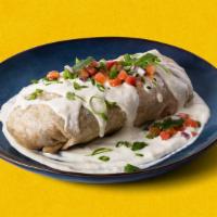 White Burrito Burracho · Burrito with your choice of meat, rice, beans, lettuce, and pico de gallo, topped with melty...