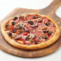 Combo Pizza · Italian Sausage, Pepperoni, Salami, shredded whole milk Mozzarella, Cheddar Cheese, black ol...