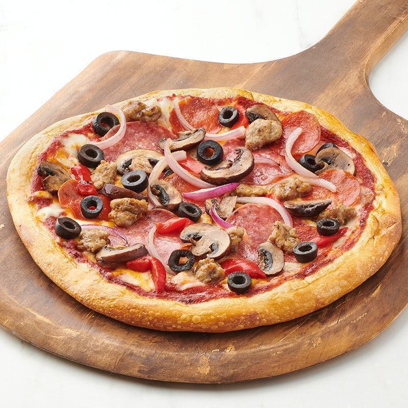 Combo Pizza · Italian Sausage, Pepperoni, Salami, shredded whole milk Mozzarella, Cheddar Cheese, black olives, Cremini mushrooms, red onion, red bell pepper, with sweet and savory pizza sauce.