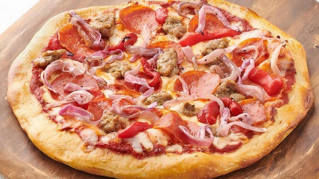 Sausage & Pepperoni · Italian Sausage, Pepperoni, roasted red pepper, caramelized onions, shredded whole milk Mozzarella, with sweet and savory pizza sauce
