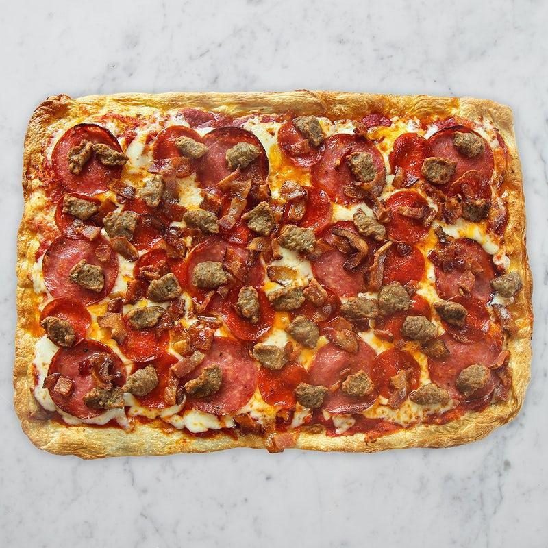 All Meat Pizza · Italian Sausage, Salami, Pepperoni, thick-cut bacon, Cheddar cheese, shredded whole milk Mozzarella, with sweet and savory pizza sauce.