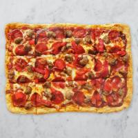 Sausage & Pepperoni · Italian Sausage, Pepperoni, roasted red pepper, caramelized onions, shredded whole milk Mozz...