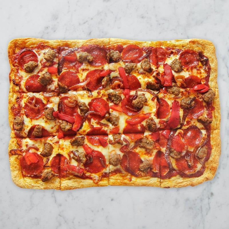 Sausage & Pepperoni · Italian Sausage, Pepperoni, roasted red pepper, caramelized onions, shredded whole milk Mozzarella, with sweet and savory pizza sauce.