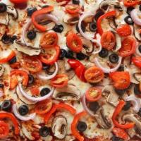 Garden Veggie Pizza · Garlic Butter Roasted Cremini mushrooms, black olives, red onion, grape tomato, red bell pep...