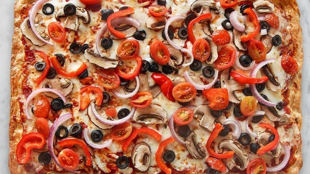 Garden Veggie Pizza · Garlic Butter Roasted Cremini mushrooms, black olives, red onion, grape tomato, red bell pepper, shredded whole milk Mozzarella, with sweet and savory pizza sauce.