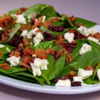 Spinach Salad · Baby spinach, crumbled bacon, dried cranberries, crumbled feta cheese, and balsamic vinaigre...