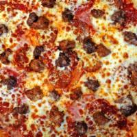All Meat Pizza · Pepperoni salami, ham, Italian sausage, linguica, ground beef, and extra cheese.
