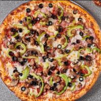 Combination Pizza · Salami, pepperoni, Italian sausage, ham, black olives, mushrooms, and bell peppers.