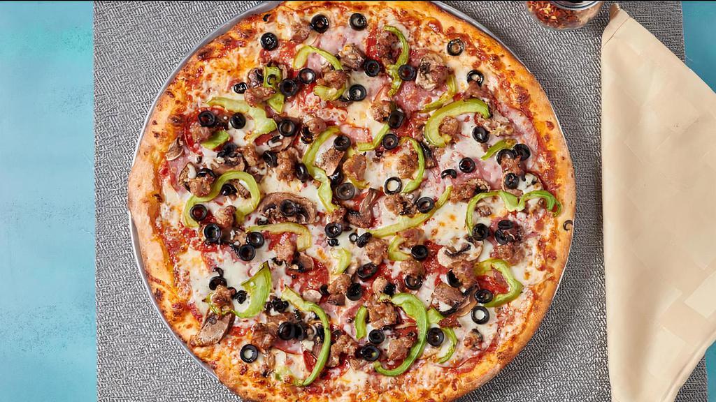 Combination Pizza · Salami, pepperoni, Italian sausage, ham, black olives, mushrooms, and bell peppers.