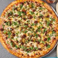 Mexican Style Pizza · Spicy. Ground beef, Mexican chorizo, green onions, jalapenos, topped with fresh cilantro.