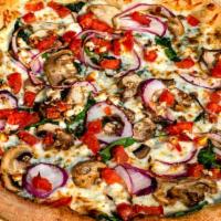 Greek Spinach Pizza · Garlic white sauce, mushrooms, red onions, spinach, tomatoes, feta cheese.