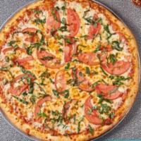 Margherita Pizza · Fresh basil, diced tomatoes, fresh garlic, and mozzarella cheese.