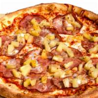 Hawaiian Delight Gourmet Pizza · Ham, pineapple, marinara sauce, and mozzarella cheese.