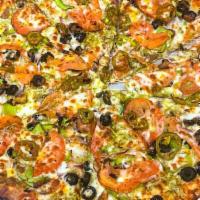Veggie Gourmet Pizza · Mushrooms, red onions, tomato, olives, bell peppers, garlic, marinara sauce, and mozzarella ...