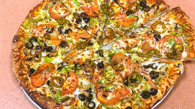 Veggie Gourmet Pizza · Mushrooms, red onions, tomato, olives, bell peppers, garlic, marinara sauce, and mozzarella cheese.